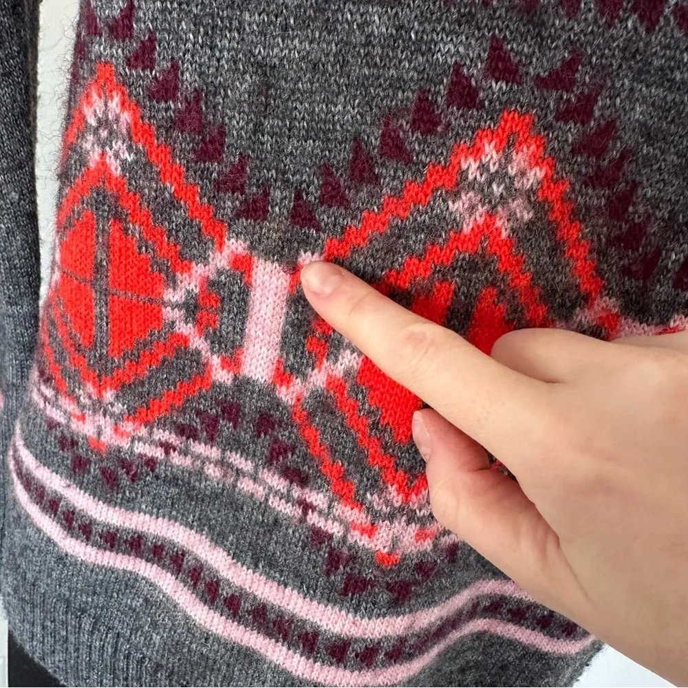 J. Crew Nordic Fair Isle Wool Mohair Blend Gray and Red Sweater Size S